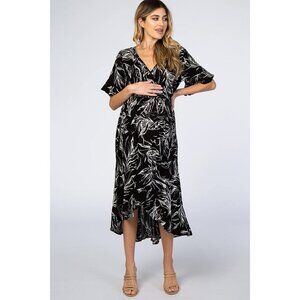 Black Leaf Print Hi-Low Wrap Maternity Midi Dress